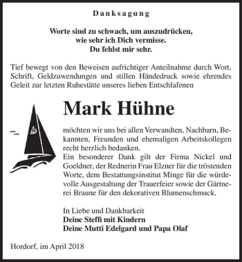 Traueranzeige von Mark Hühne  von Magdeburger Volksstimme