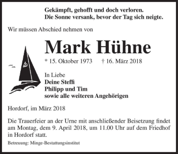 Traueranzeige von Mark Hühne  von Magdeburger Volksstimme