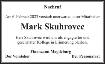 Traueranzeige von Mark Skuhrovec  von Magdeburger Volksstimme