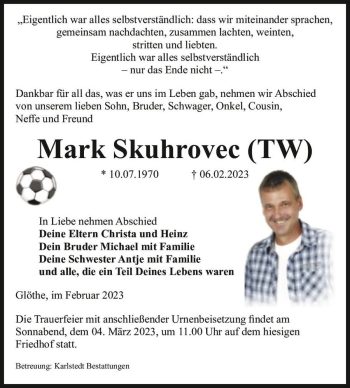 Traueranzeige von Mark Skuhrovec  von Magdeburger Volksstimme