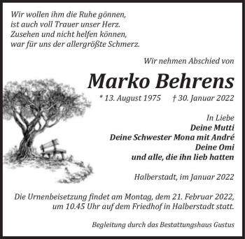 Traueranzeige von Marko Behrens  von Magdeburger Volksstimme