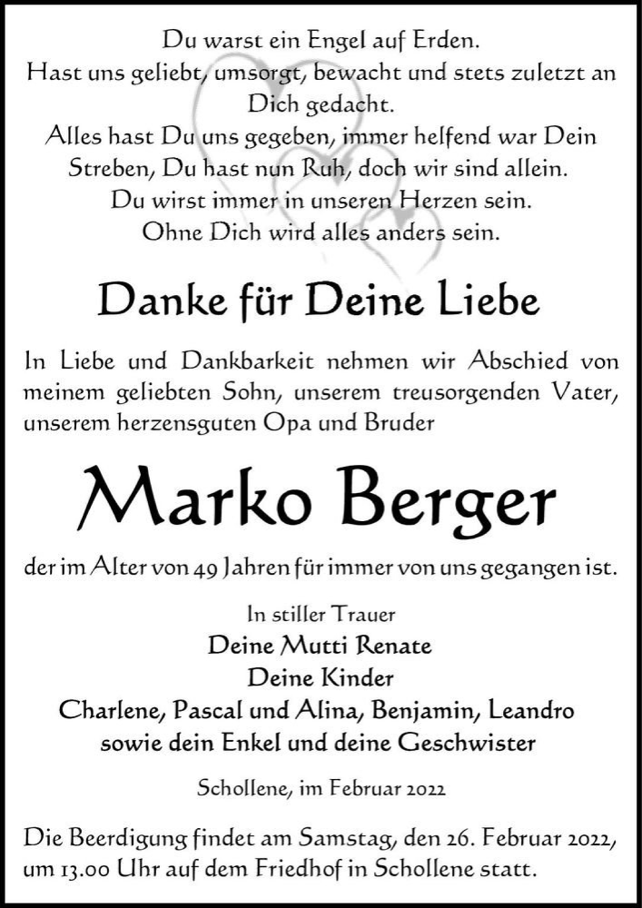  Traueranzeige für Marko Berger  vom 21.02.2022 aus Magdeburger Volksstimme
