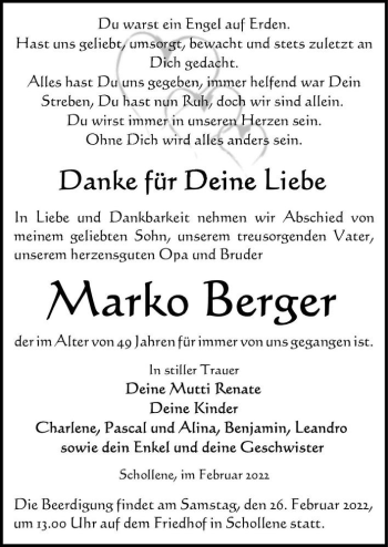 Traueranzeige von Marko Berger  von Magdeburger Volksstimme