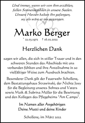 Traueranzeige von Marko Berger  von Magdeburger Volksstimme