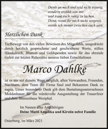 Traueranzeige von Marko Dahlke  von Magdeburger Volksstimme
