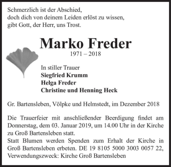 Traueranzeige von Marko Freder  von Magdeburger Volksstimme
