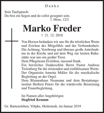 Traueranzeige von Marko Freder  von Magdeburger Volksstimme