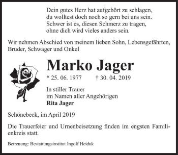 Traueranzeige von Marko Jager  von Magdeburger Volksstimme