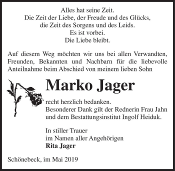 Traueranzeige von Marko Jager  von Magdeburger Volksstimme