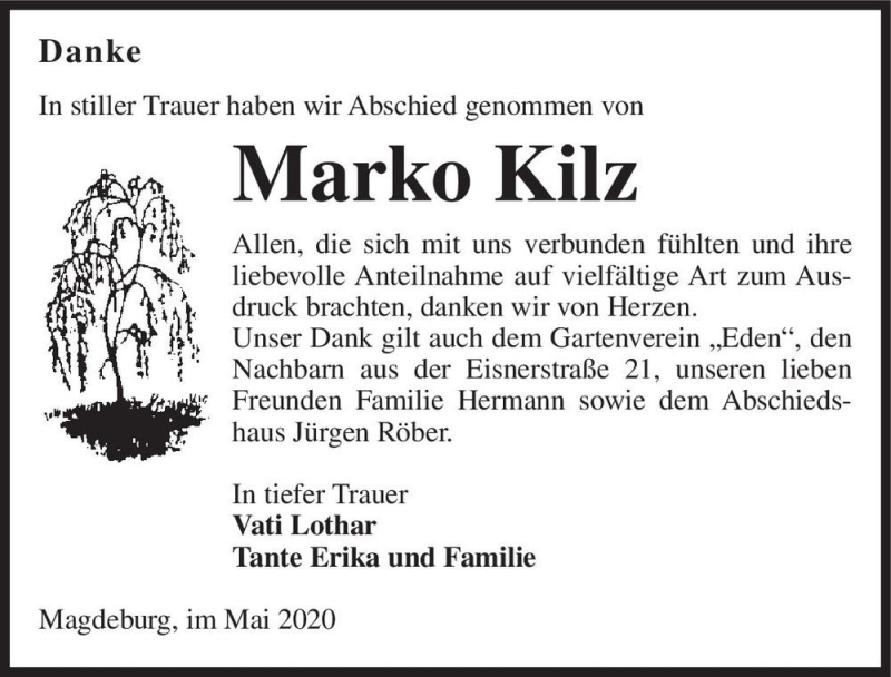  Traueranzeige für Marko Kilz  vom 16.05.2020 aus Magdeburger Volksstimme