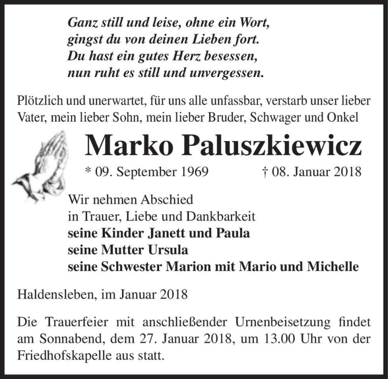  Traueranzeige für Marko Paluszkiewicz  vom 13.01.2018 aus Magdeburger Volksstimme