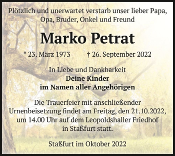 Traueranzeige von Marko Petrat  von Magdeburger Volksstimme