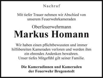 Traueranzeige von Markus Homann  von Magdeburger Volksstimme