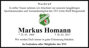 Traueranzeige von Markus Homann  von Magdeburger Volksstimme