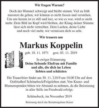 Traueranzeige von Markus Koppelin  von Magdeburger Volksstimme