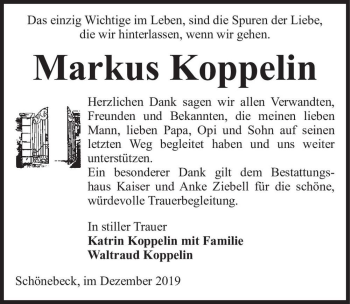 Traueranzeige von Markus Koppelin  von Magdeburger Volksstimme
