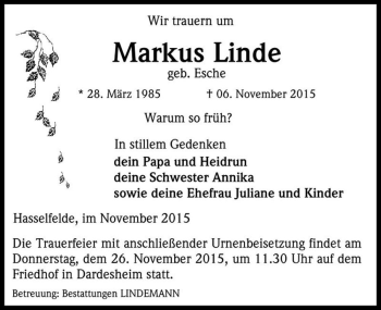 Traueranzeige von Markus Linde (geb. Esche)  von Magdeburger Volksstimme