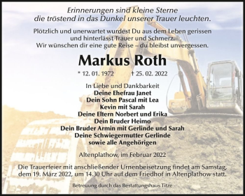 Traueranzeige von Markus Roth  von Magdeburger Volksstimme