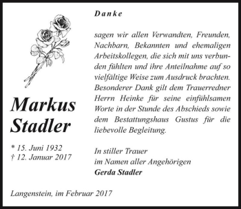 Traueranzeige von Markus Stadler  von Magdeburger Volksstimme