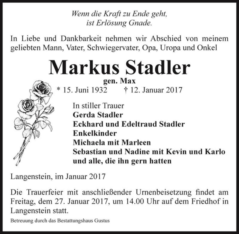  Traueranzeige für Markus Stadler (geb. Max)  vom 21.01.2017 aus Magdeburger Volksstimme