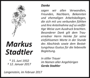 Traueranzeige von Markus Stadtler  von Magdeburger Volksstimme