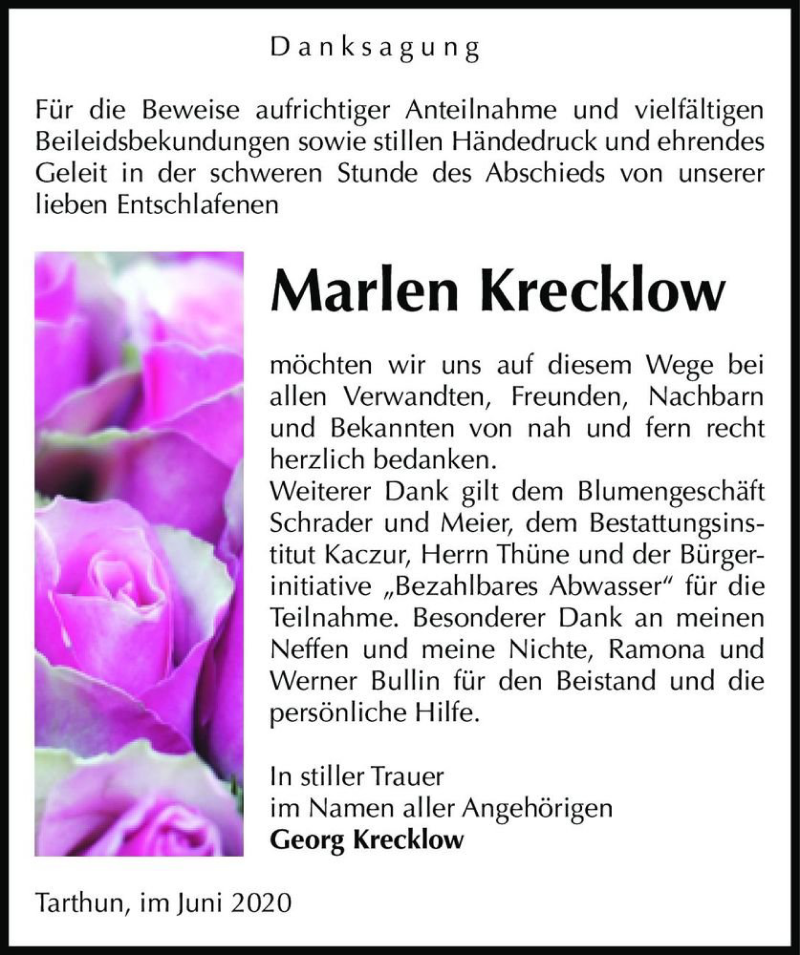  Traueranzeige für Marlen Krecklow  vom 26.06.2020 aus Magdeburger Volksstimme