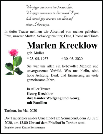 Traueranzeige von Marlen Krecklow (geb. Müller)  von Magdeburger Volksstimme