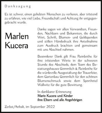 Traueranzeige von Marlen Kucera  von Magdeburger Volksstimme