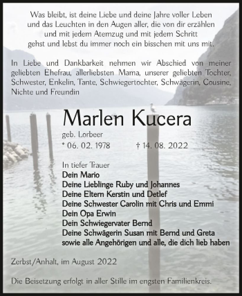 Traueranzeige von Marlen Kucera (geb. Lorbeer)  von Magdeburger Volksstimme