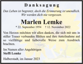 Traueranzeige von Marlen Lemke  von Magdeburger Volksstimme
