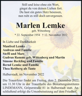 Traueranzeige von Marlen Lemke (geb. Wittenberg)  von Magdeburger Volksstimme