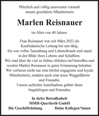 Traueranzeige von Marlen Reisnauer  von Magdeburger Volksstimme