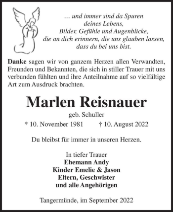 Traueranzeige von Marlen Reisnauer (geb. Schuller)  von Magdeburger Volksstimme