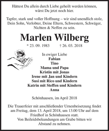 Traueranzeige von Marlen Wilberg  von Magdeburger Volksstimme
