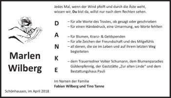Traueranzeige von Marlen Wilberg  von Magdeburger Volksstimme