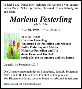 Traueranzeige von Marlena Festerling (geb. Schäffer)  von Magdeburger Volksstimme