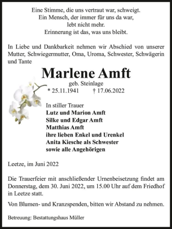 Traueranzeige von Marlene Amft (geb. Steinlage)  von Magdeburger Volksstimme