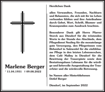 Traueranzeige von Marlene Berger  von Magdeburger Volksstimme