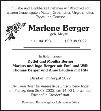 Traueranzeige von Marlene Berger (geb. Meyer)  von Magdeburger Volksstimme