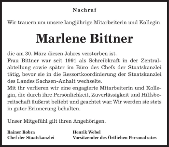 Traueranzeige von Marlene Bittner  von Magdeburger Volksstimme