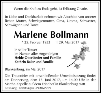 Traueranzeige von Marlene Bollmann  von Magdeburger Volksstimme