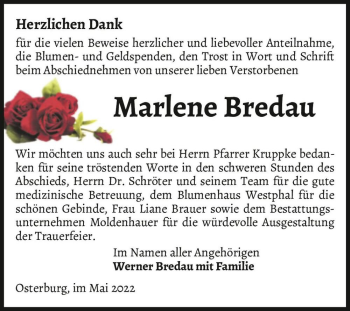Traueranzeige von Marlene Bredau  von Magdeburger Volksstimme