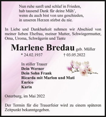 Traueranzeige von Marlene Bredau (geb. Müller)  von Magdeburger Volksstimme