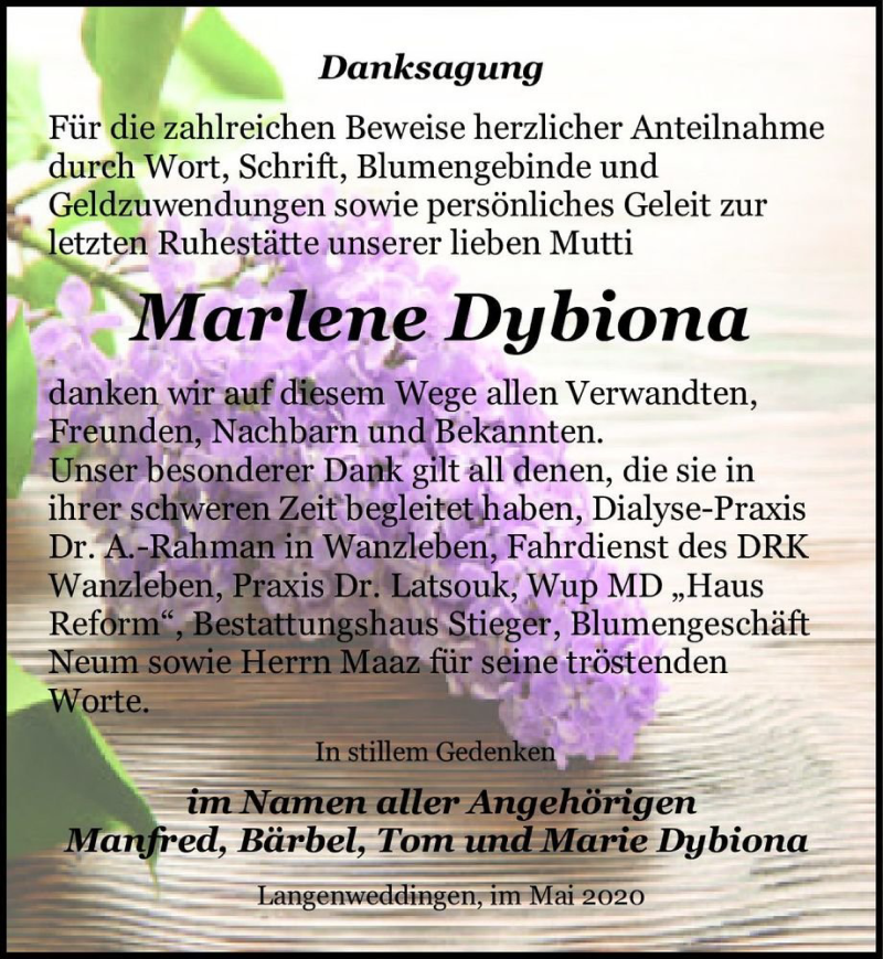  Traueranzeige für Marlene Dybiona  vom 30.05.2020 aus Magdeburger Volksstimme