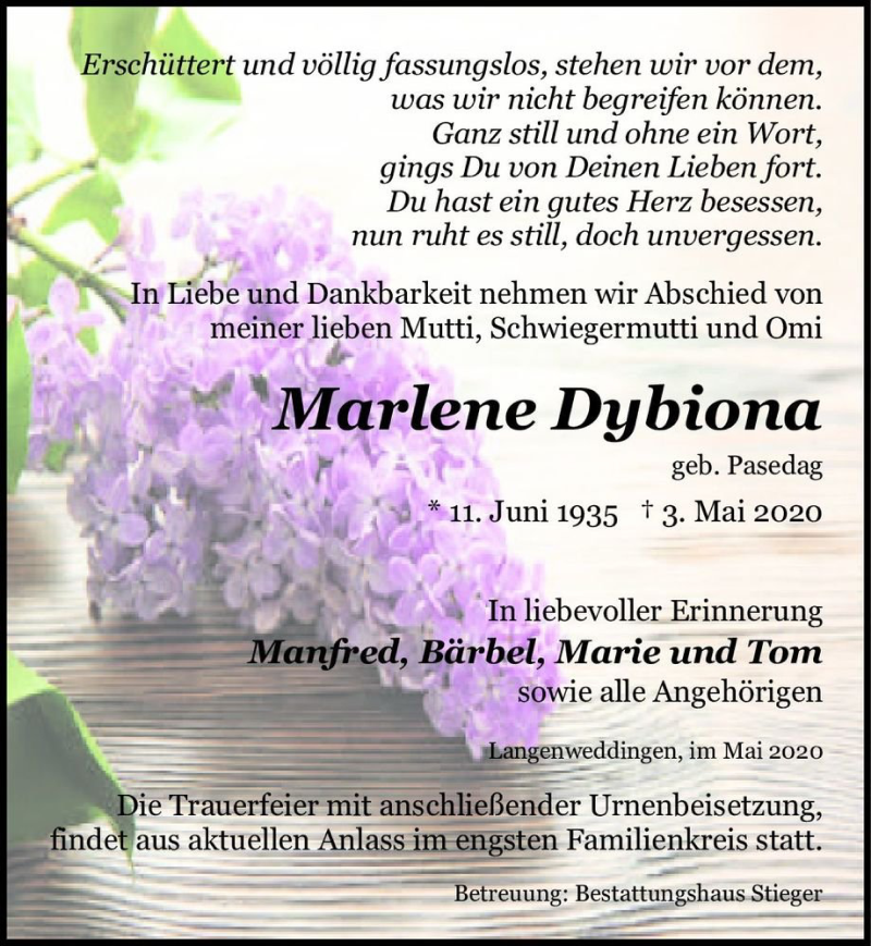  Traueranzeige für Marlene Dybiona (geb. Pasedag)  vom 16.05.2020 aus Magdeburger Volksstimme