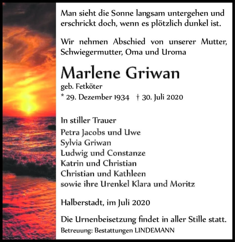  Traueranzeige für Marlene Griwan (geb. Fetköter)  vom 01.08.2020 aus Magdeburger Volksstimme