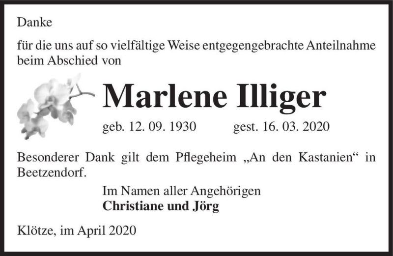  Traueranzeige für Marlene Illiger  vom 23.04.2020 aus Magdeburger Volksstimme