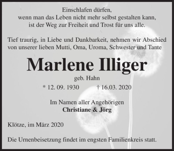 Traueranzeige von Marlene Illiger (geb. Hahn)  von Magdeburger Volksstimme