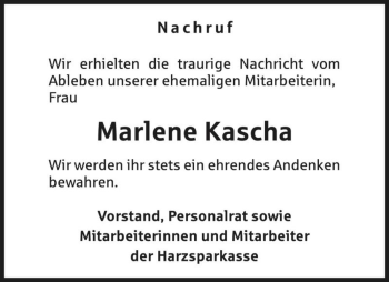 Traueranzeige von Marlene Kascha  von Magdeburger Volksstimme