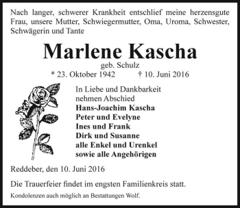Traueranzeige von Marlene Kascha (geb. Schulz)  von Magdeburger Volksstimme